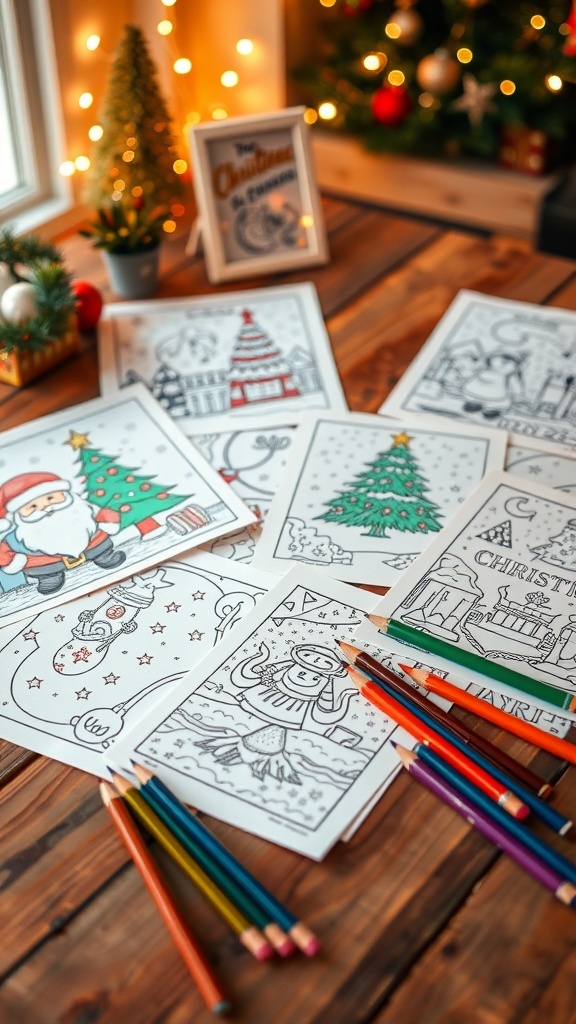 A collection of Christmas coloring pages on a table with colored pencils and holiday lights.